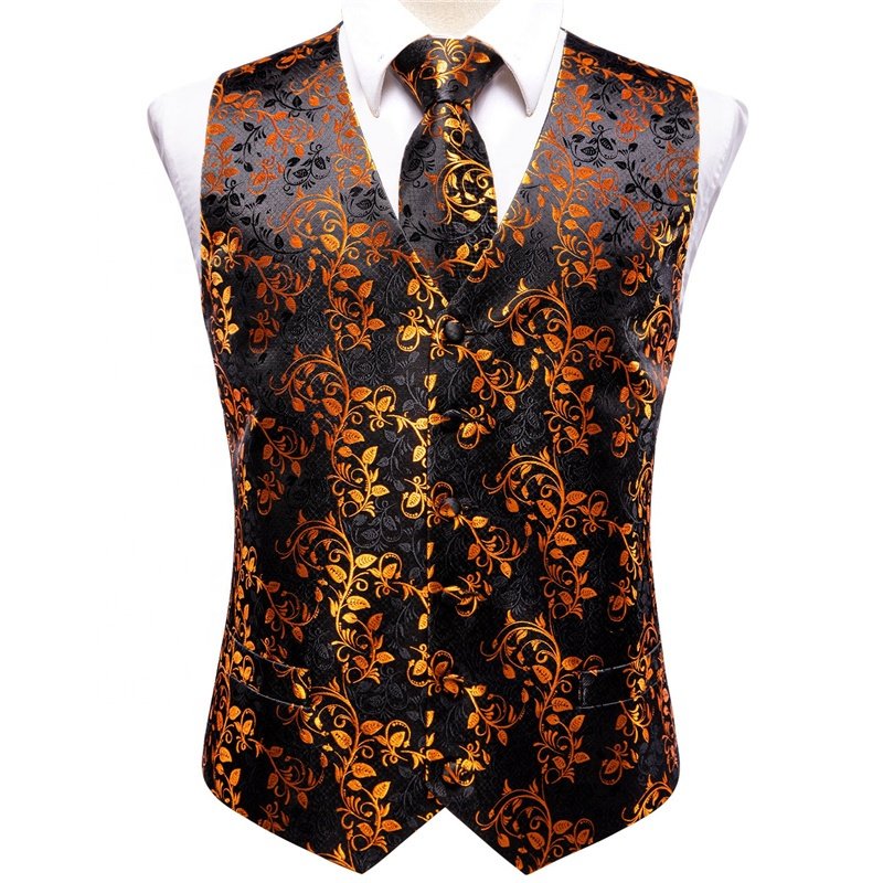 Plus Size Gold Men's V-Neck Jacquard Suit Vest Fashion Formal Slim Fit Business Dress Waistcoat With Cufflinks Necktie Hanky