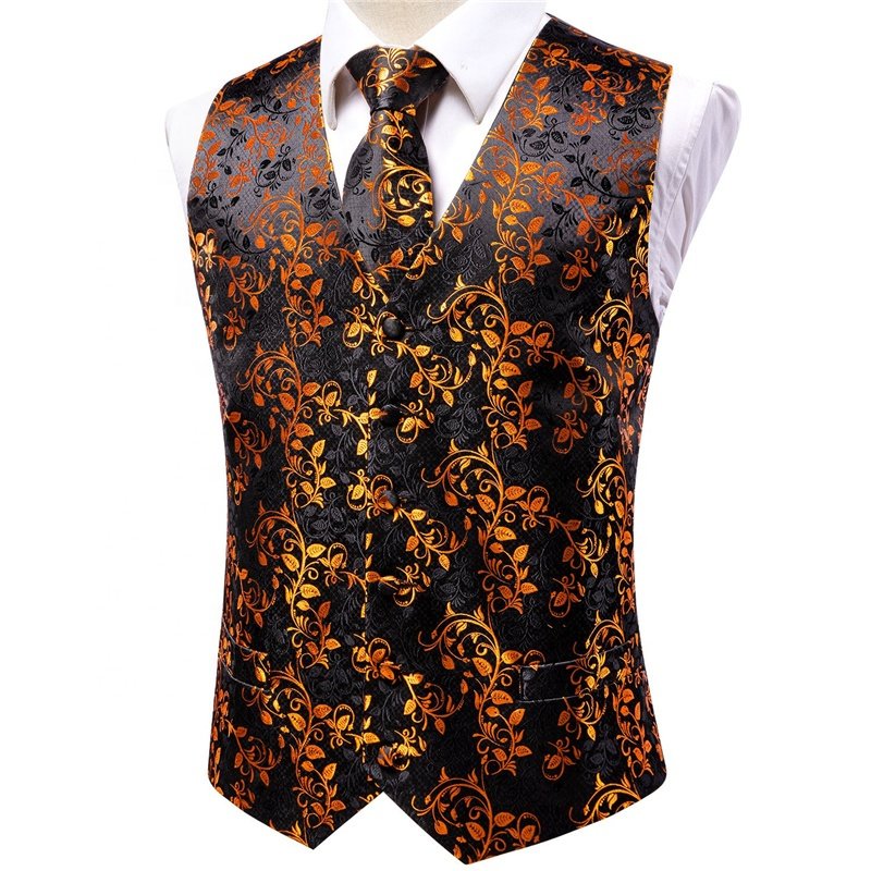 Plus Size Gold Men's V-Neck Jacquard Suit Vest Fashion Formal Slim Fit Business Dress Waistcoat With Cufflinks Necktie Hanky