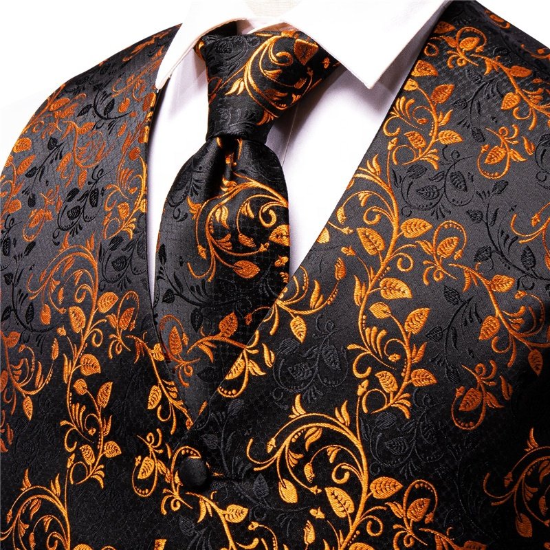 Plus Size Gold Men's V-Neck Jacquard Suit Vest Fashion Formal Slim Fit Business Dress Waistcoat With Cufflinks Necktie Hanky