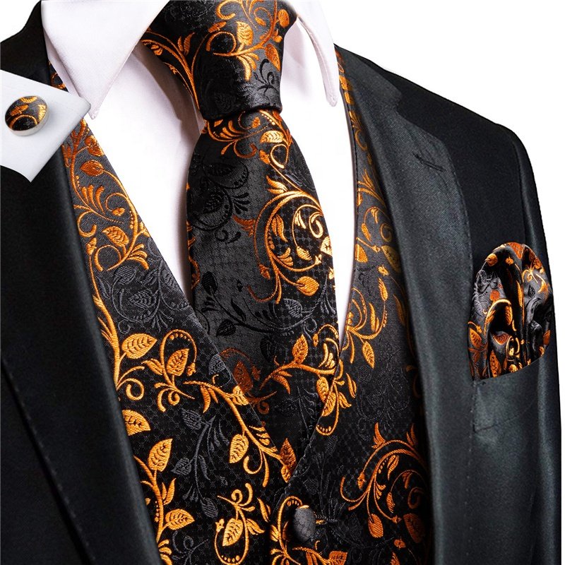 Plus Size Gold Men's V-Neck Jacquard Suit Vest Fashion Formal Slim Fit Business Dress Waistcoat With Cufflinks Necktie Hanky