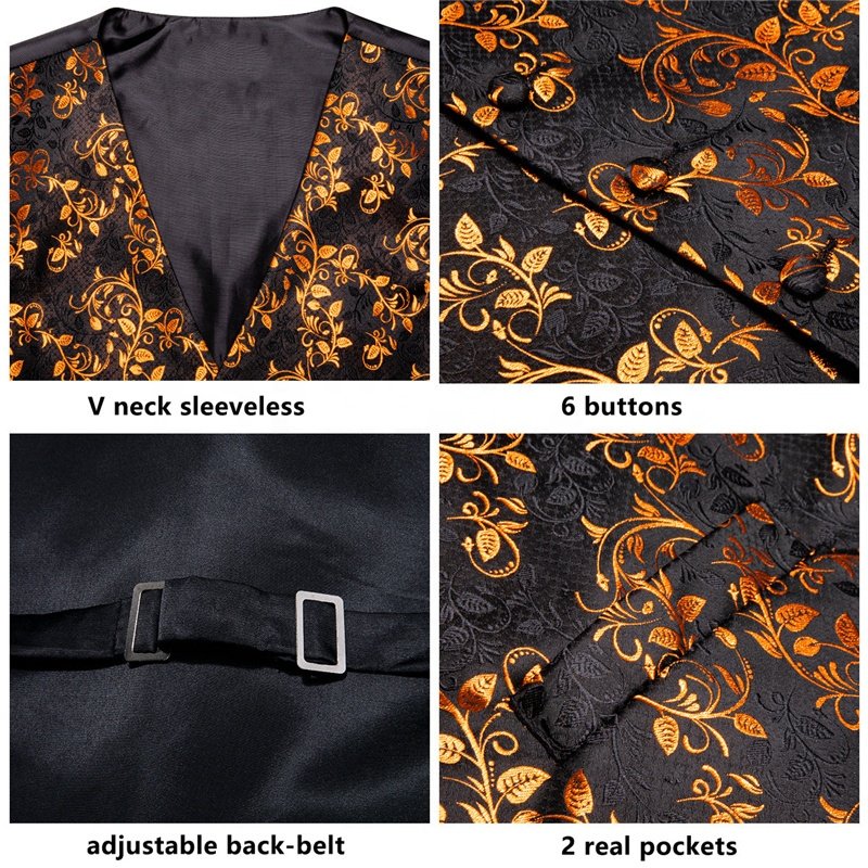 Plus Size Gold Men's V-Neck Jacquard Suit Vest Fashion Formal Slim Fit Business Dress Waistcoat With Cufflinks Necktie Hanky