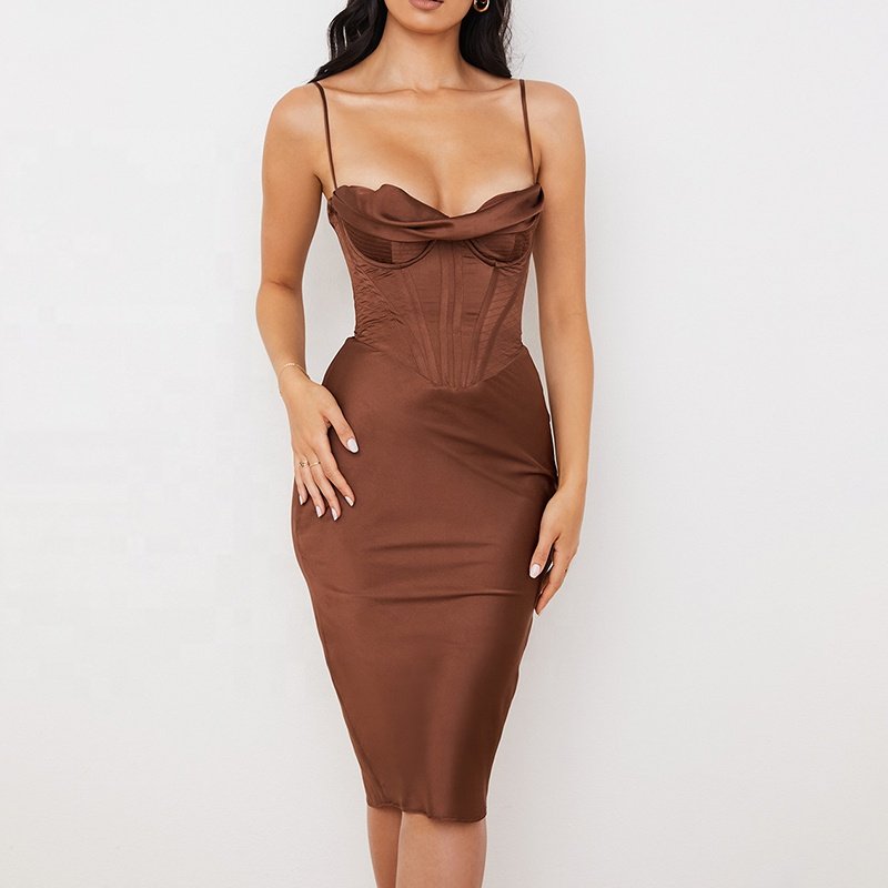 Weixin Women Clothing Professional Custom Chocolate Satin Corset Slip Black Bodycon Satin Silk Long Dress