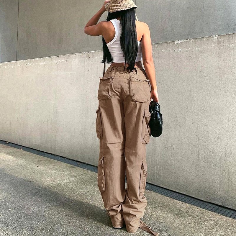 New Fashion Cool Girl Trousers With Pockets Casual High Waist Baggy Solid Streetwear Women Vintage Cargo Pant Wholesale