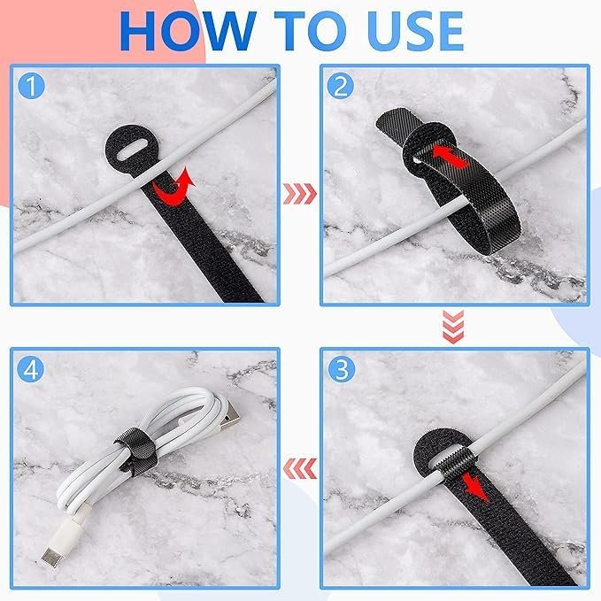 Black Cable Management Ties Adjustable Cable Organizing Cords with Polyester Nylon Hook and Loop Adhesive Tape for Shoes Bags