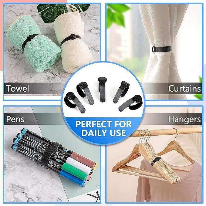 Black Cable Management Ties Adjustable Cable Organizing Cords with Polyester Nylon Hook and Loop Adhesive Tape for Shoes Bags