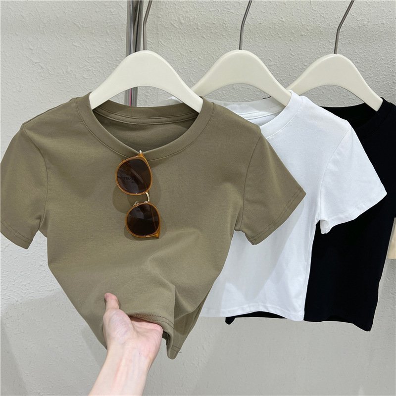 GX01 Fashion Summer Ladies Tank Top Sexy Elegant O-Neck Tight Fit Short Sleeve Solid Color Cropped Tops Women