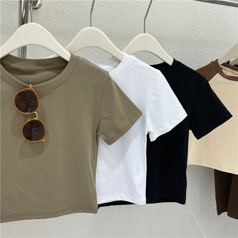 GX01 Fashion Summer Ladies Tank Top Sexy Elegant O-Neck Tight Fit Short Sleeve Solid Color Cropped Tops Women