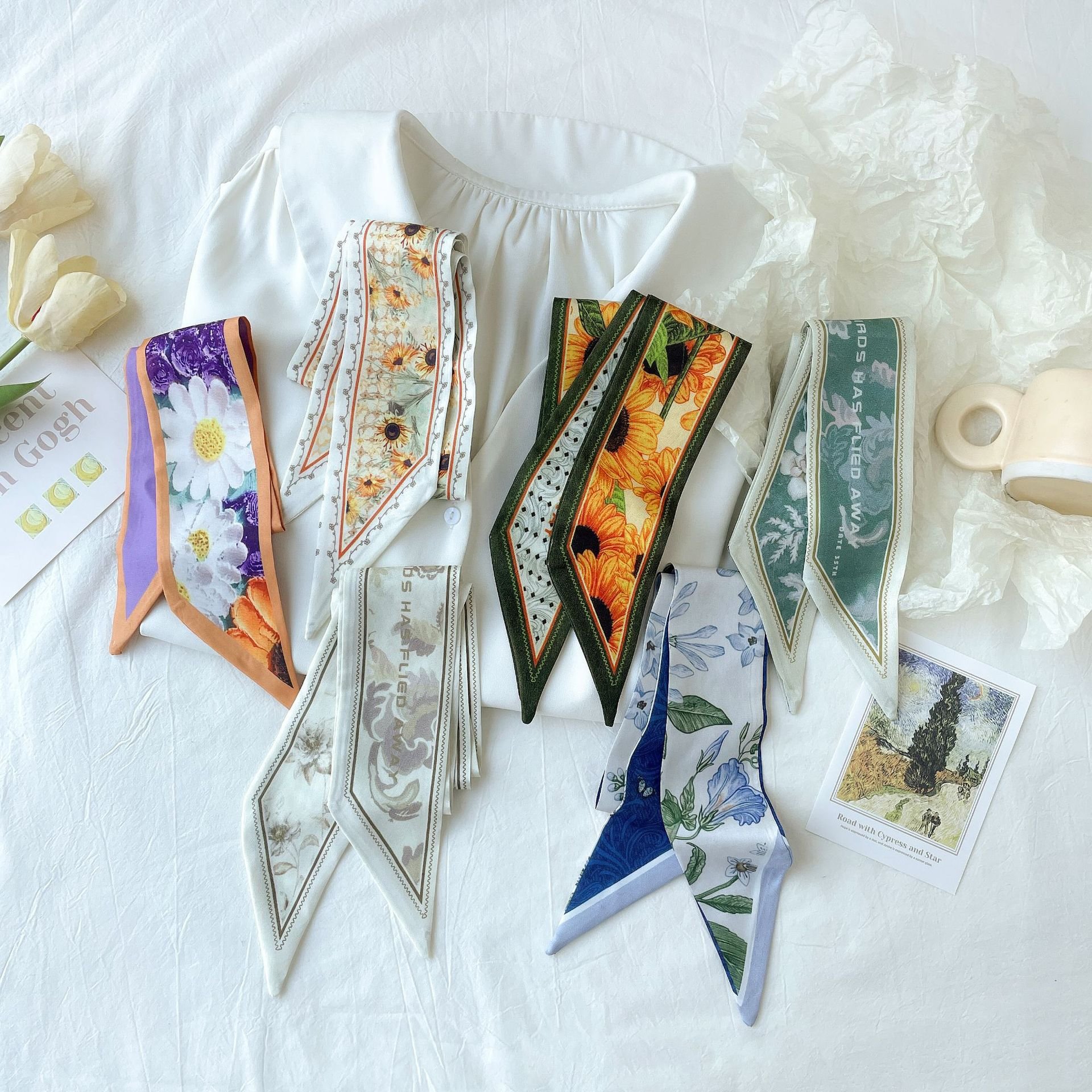 Factory custom printed satin scarf Narrow scarves hair accessories wholesale tied handle bag Twill scarfs