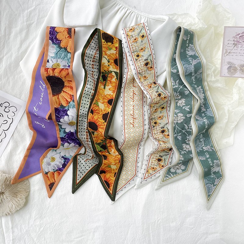 Factory custom printed satin scarf Narrow scarves hair accessories wholesale tied handle bag Twill scarfs