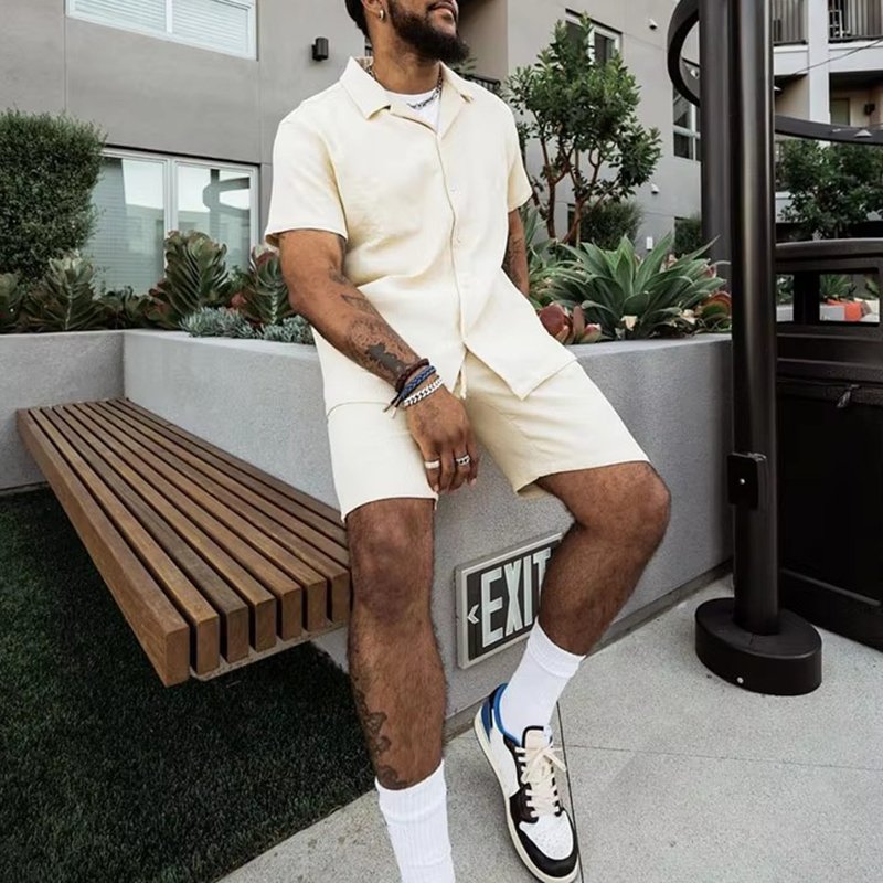 Mens Solid Short Sleeve Casual Button Shirt Beach Shorts Sets Summer Streetwear Vacation Hawaiian Suits Men Shorts Set