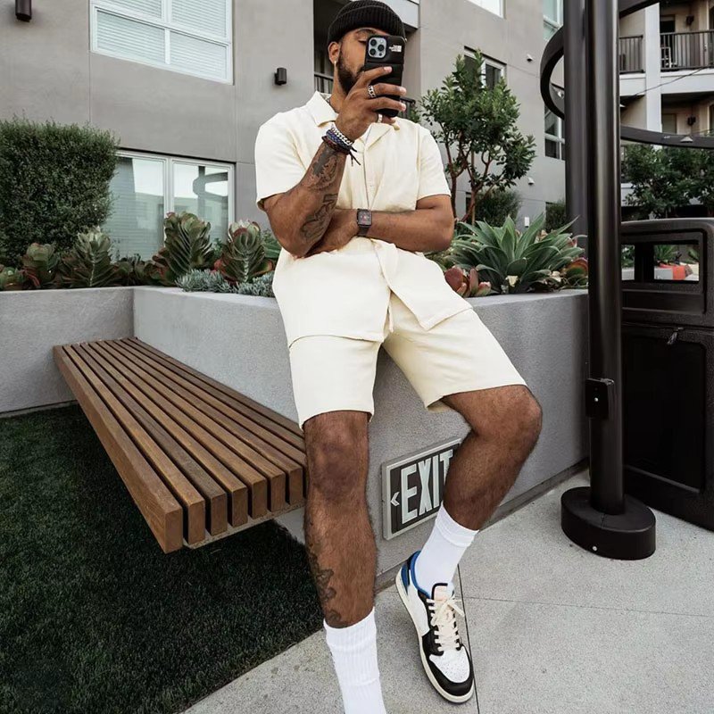 Mens Solid Short Sleeve Casual Button Shirt Beach Shorts Sets Summer Streetwear Vacation Hawaiian Suits Men Shorts Set