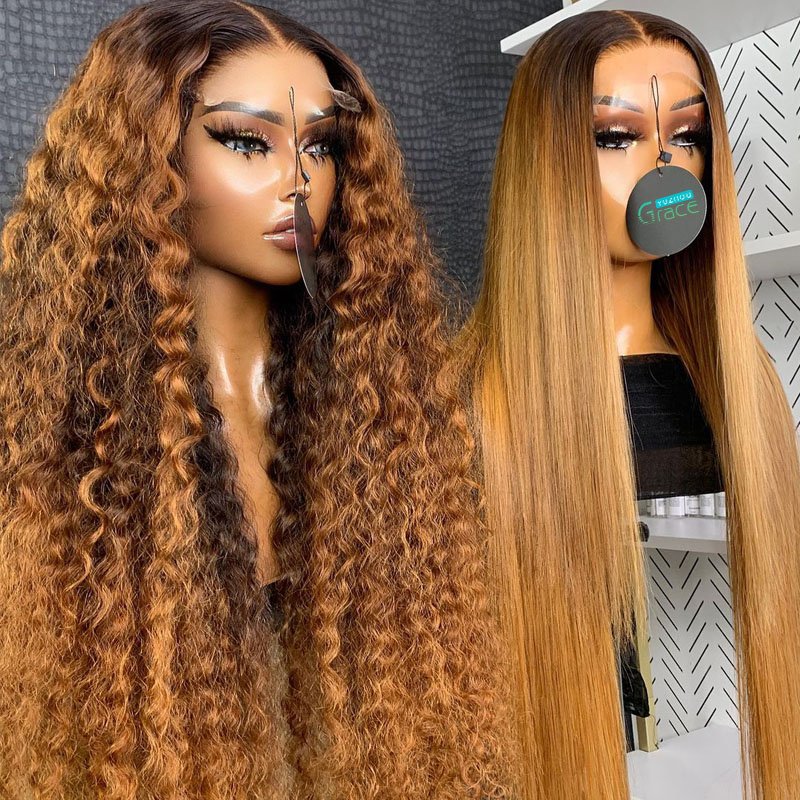 Colored human hair wigs pre plucked raw Indian hair wigs hd lace brown Kinky Curly 13x4 hd transparent lace frontal wigs