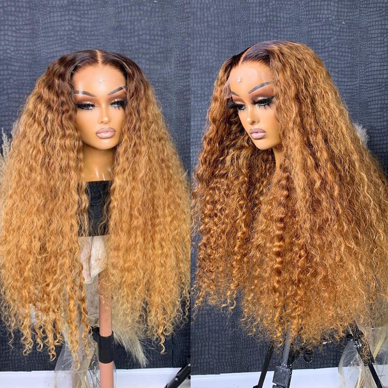 Colored human hair wigs pre plucked raw Indian hair wigs hd lace brown Kinky Curly 13x4 hd transparent lace frontal wigs