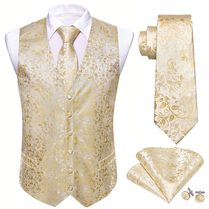 High Quality Formal Men Vest Paisley Jacquard Silk Wedding 5pcs set Tie Suit Waistcoat Set