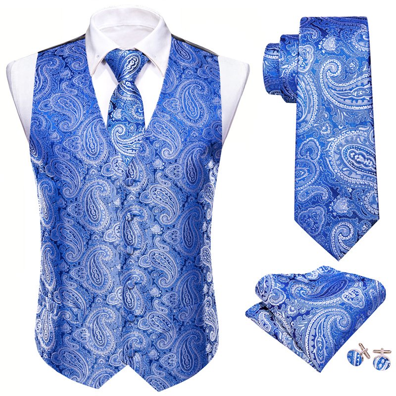 High Quality Formal Men Vest Paisley Jacquard Silk Wedding 5pcs set Tie Suit Waistcoat Set