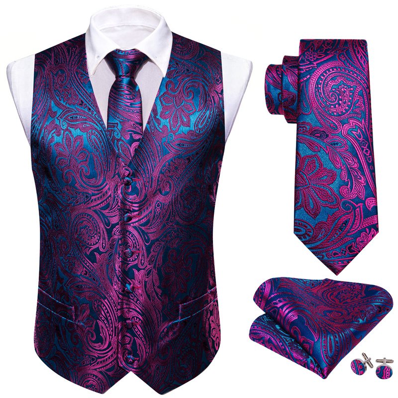 High Quality Formal Men Vest Paisley Jacquard Silk Wedding 5pcs set Tie Suit Waistcoat Set