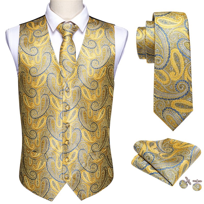 High Quality Formal Men Vest Paisley Jacquard Silk Wedding 5pcs set Tie Suit Waistcoat Set