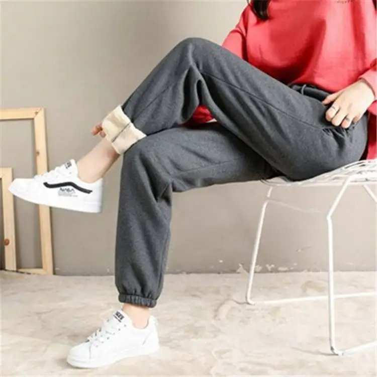 Winter women's solid color and fleece thick warm casual pants