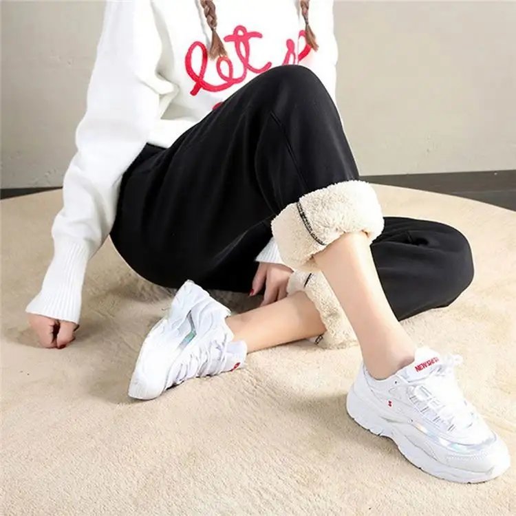 Winter women's solid color and fleece thick warm casual pants