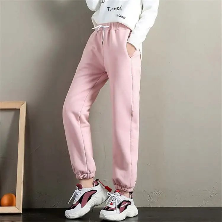 Winter women's solid color and fleece thick warm casual pants