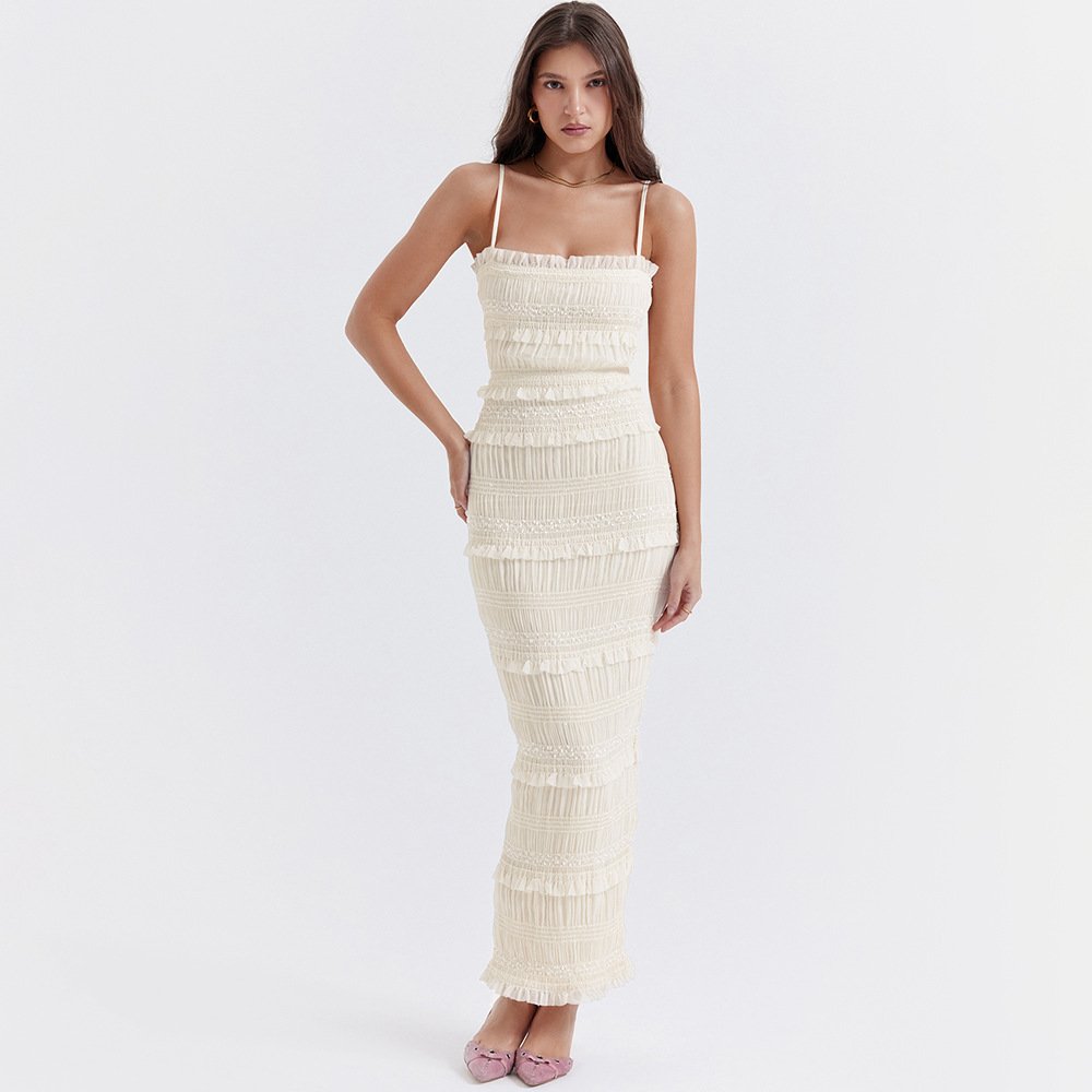 Super Quality Sheer Mesh Pleated Strappy Tiered Ruffle Lace Long Dress Y2K Spaghetti Strap Ruched Backless Corset Party 2895