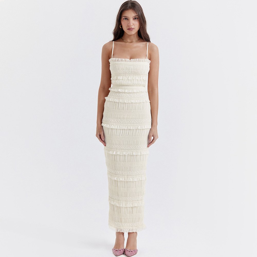 Super Quality Sheer Mesh Pleated Strappy Tiered Ruffle Lace Long Dress Y2K Spaghetti Strap Ruched Backless Corset Party 2895