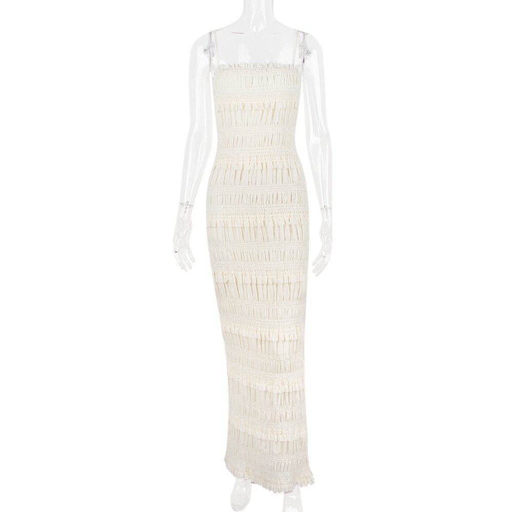 Super Quality Sheer Mesh Pleated Strappy Tiered Ruffle Lace Long Dress Y2K Spaghetti Strap Ruched Backless Corset Party 2895