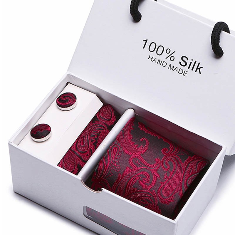 100% Silk Brand Fashion Tie Pocket Squares Cufflink Set Necktie Box Men Black White Plaid Fit Workplace Birthday Gift