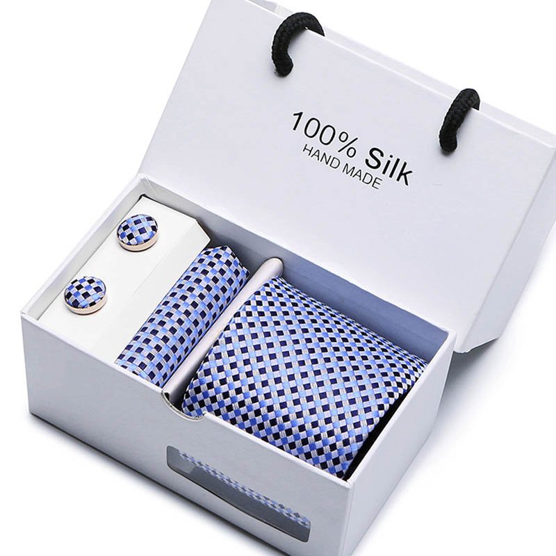 100% Silk Brand Fashion Tie Pocket Squares Cufflink Set Necktie Box Men Black White Plaid Fit Workplace Birthday Gift