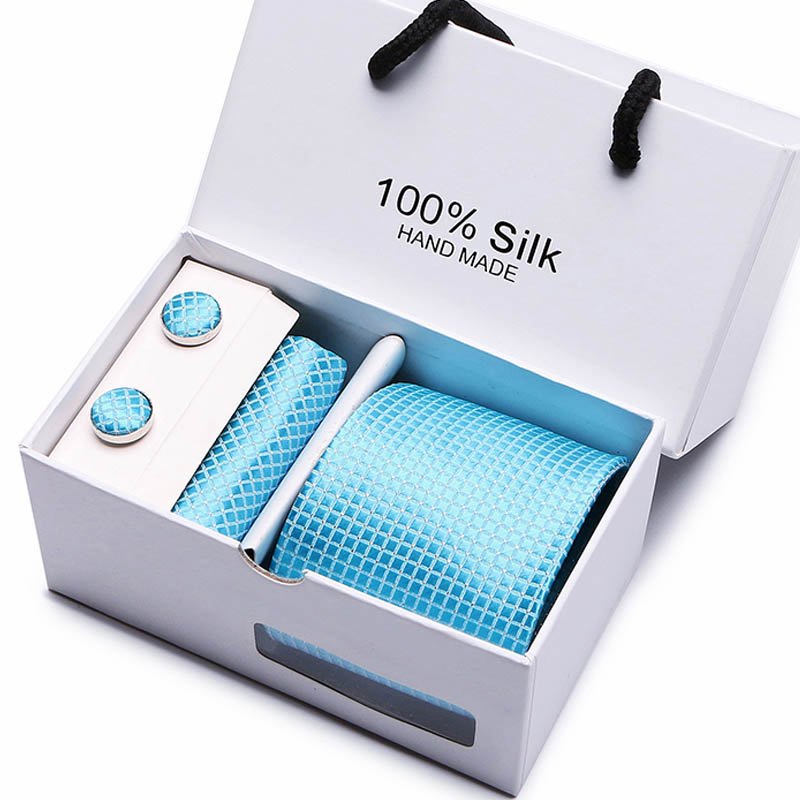 100% Silk Brand Fashion Tie Pocket Squares Cufflink Set Necktie Box Men Black White Plaid Fit Workplace Birthday Gift