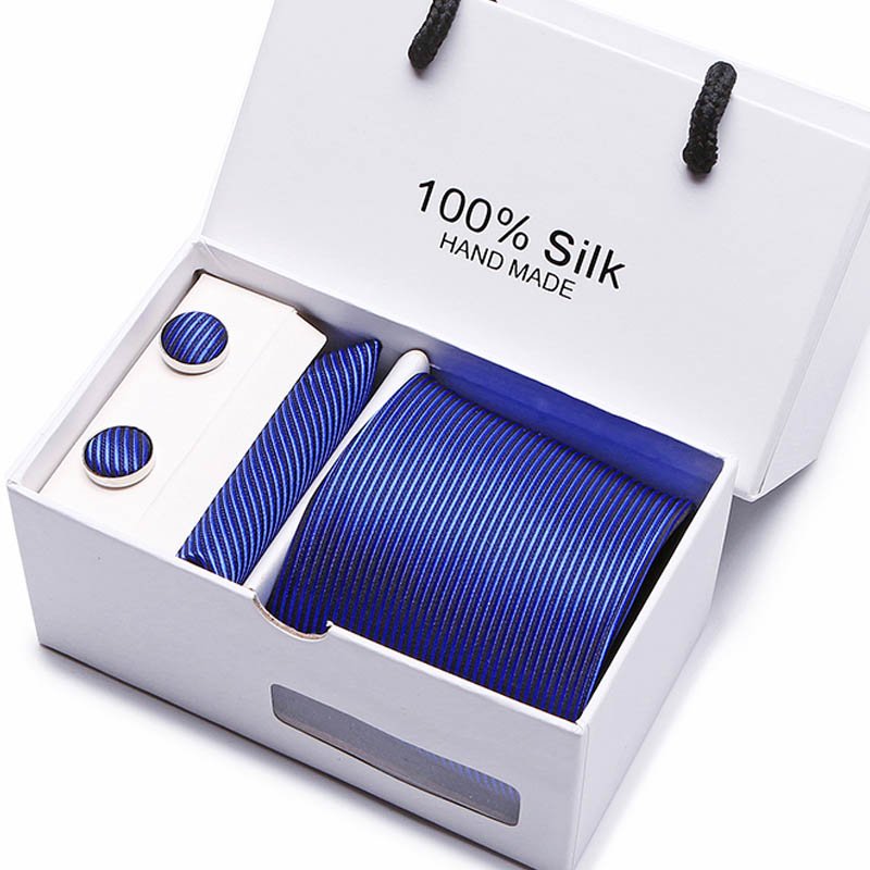 100% Silk Brand Fashion Tie Pocket Squares Cufflink Set Necktie Box Men Black White Plaid Fit Workplace Birthday Gift