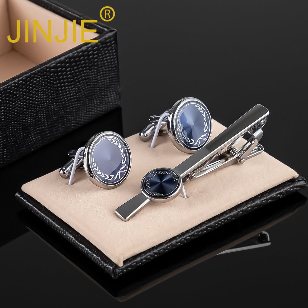 JINJIE new design personalized blue accessories round cufflink and tie clip set wholesale