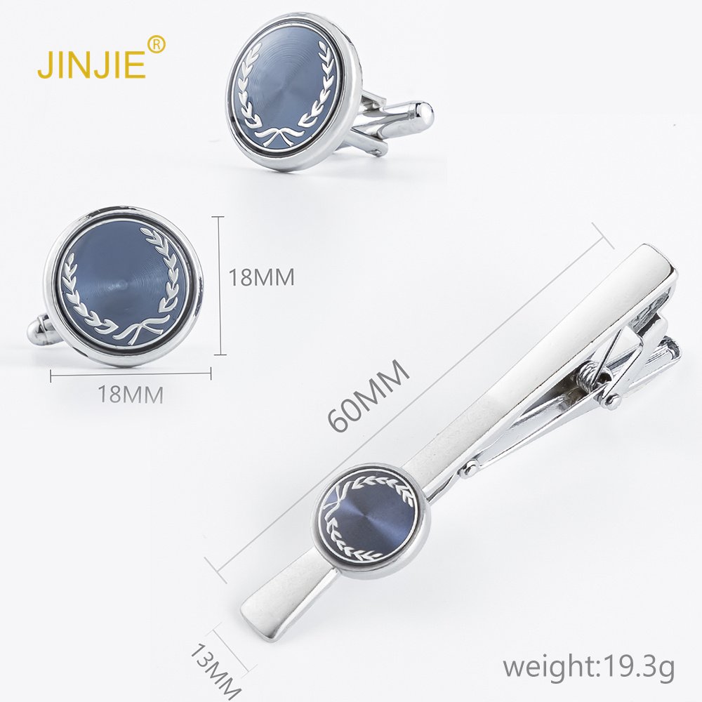JINJIE new design personalized blue accessories round cufflink and tie clip set wholesale