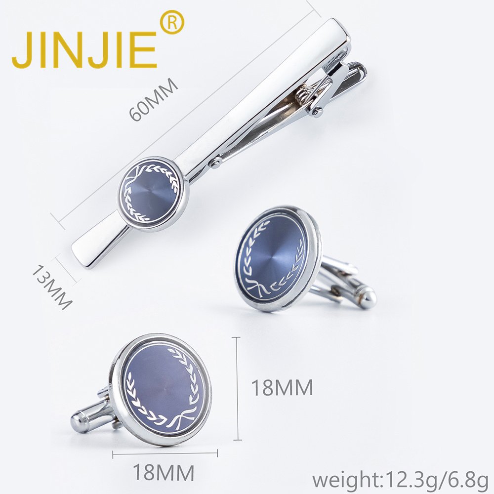 JINJIE new design personalized blue accessories round cufflink and tie clip set wholesale