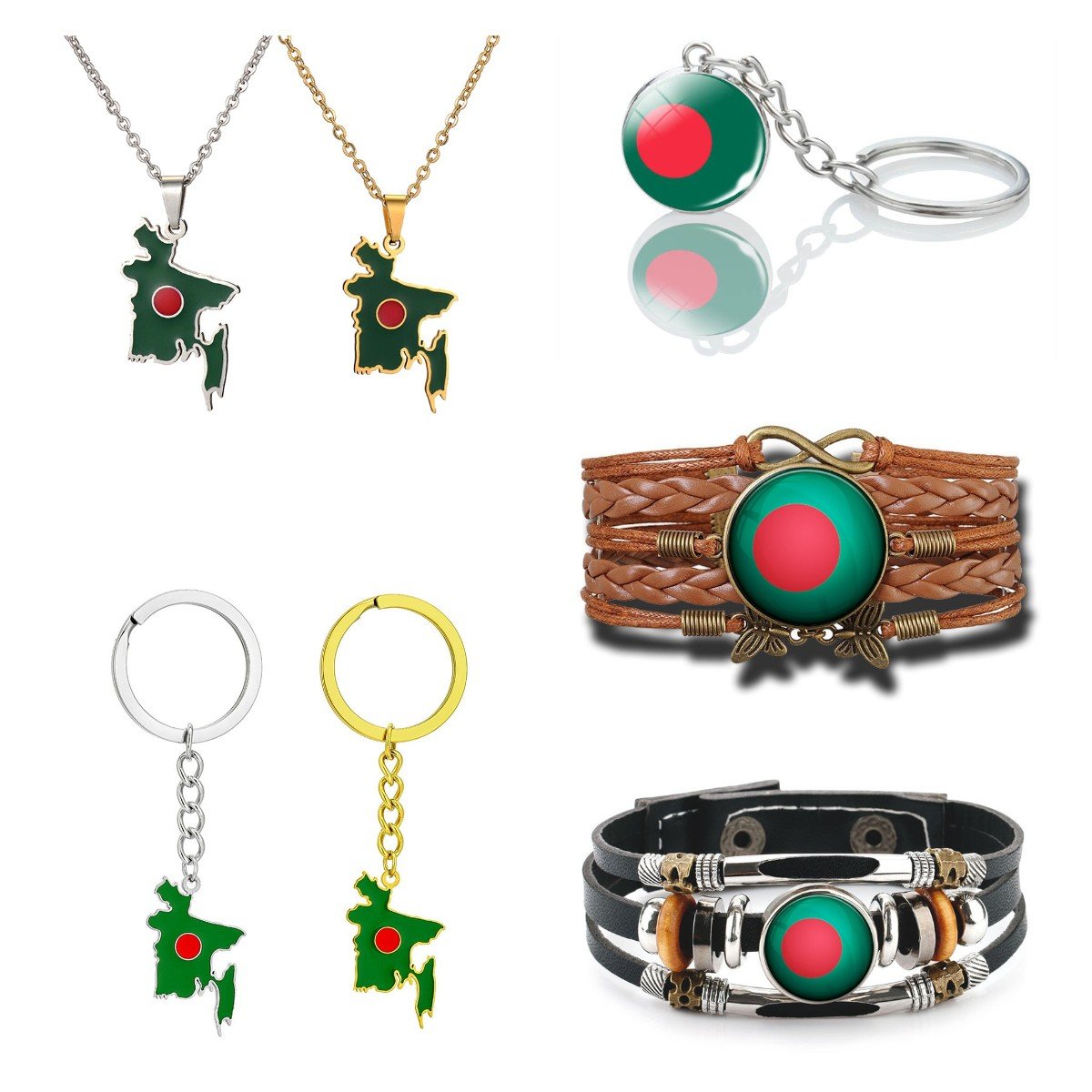 80 Models Bangladesh Country Flag Map Tie Clip Lapel Pin Ring Brooch Cuff Link Necklace Bracelet Earrings Key Chain Jewelry Set