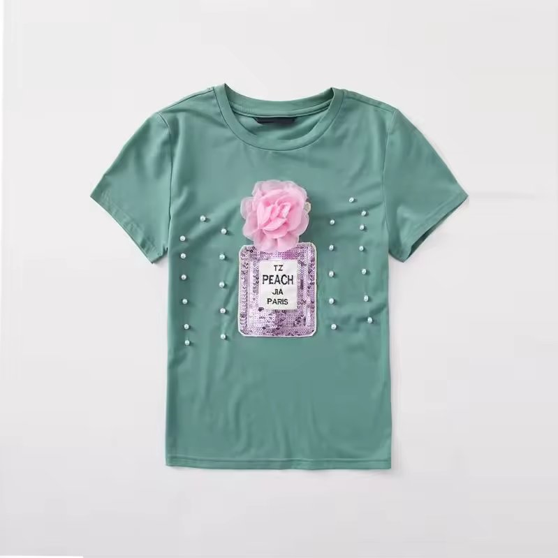 Custom logo female beaded detail short sleeve t-shirt summer floral appliques with pearls and designs hot sale cotton t-shirt
