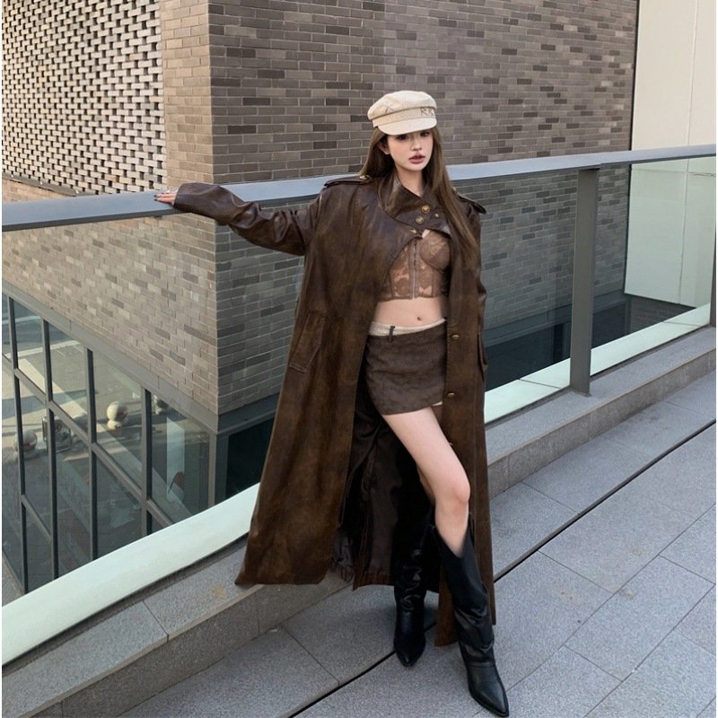 2024 new stand collar loose tie-dye medium long thin belt PU Leather trench coat
