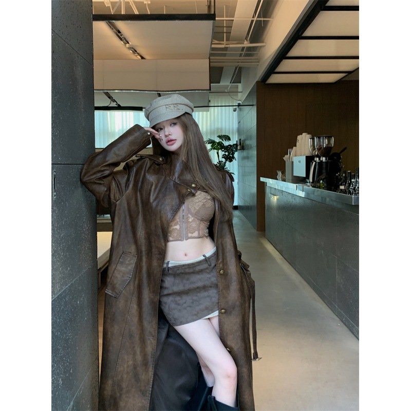 2024 new stand collar loose tie-dye medium long thin belt PU Leather trench coat