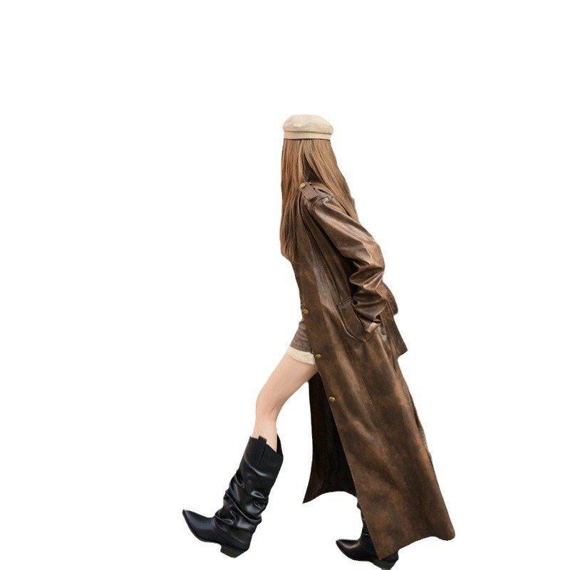 2024 new stand collar loose tie-dye medium long thin belt PU Leather trench coat