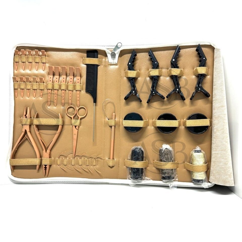 Tan Beige Colored Hair Extensions Tools Kit With Sewing Needle Microbeads Loop Clips & Stainless Steel Hair Extension Pliers