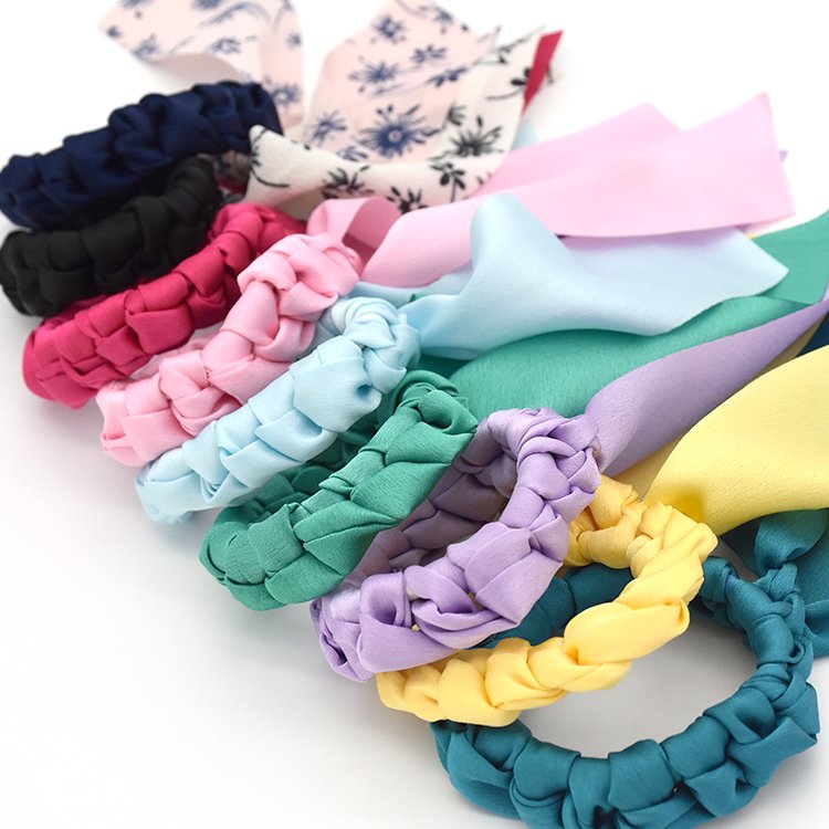 Colorful satin hair scrunchies silk braid twist elastic hair tie for woman