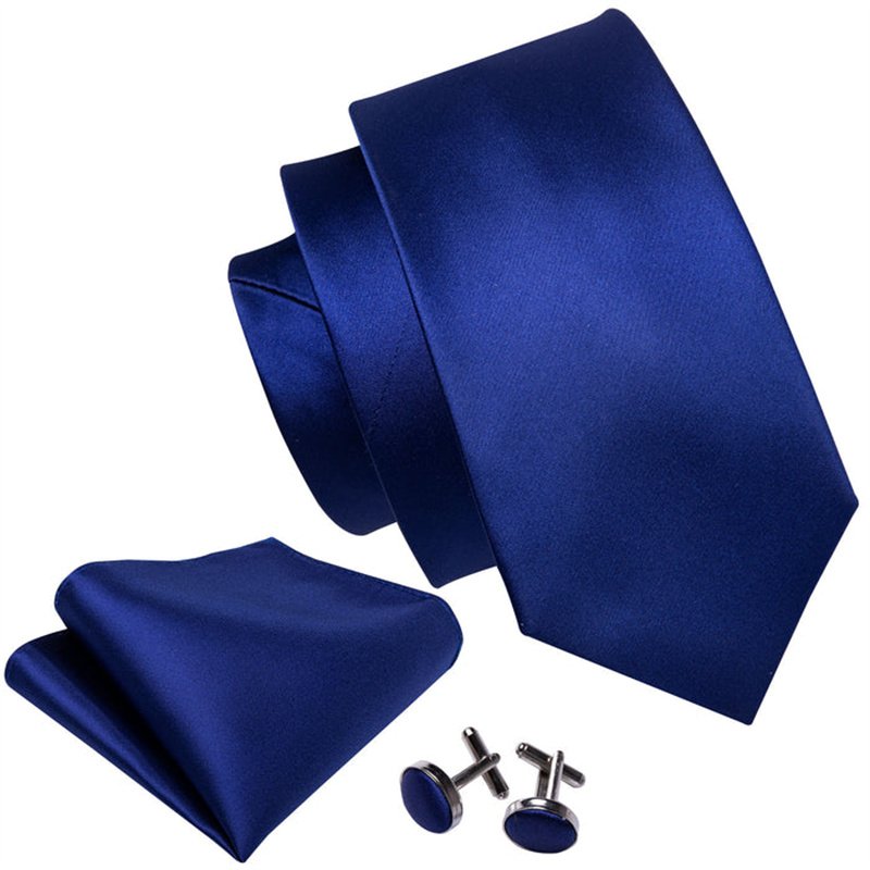 Business Fashion Luxury Navy Blue Solid Plain Jacquard Woven Silk Men's Tie Handkerchief Cufflinks Gift Set For Men