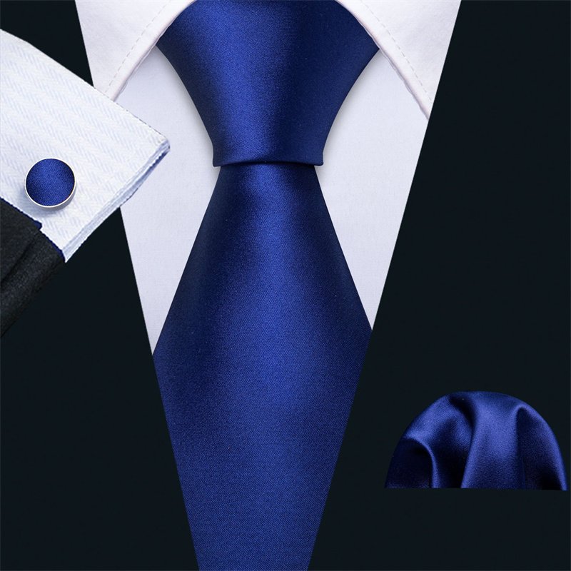 Business Fashion Luxury Navy Blue Solid Plain Jacquard Woven Silk Men's Tie Handkerchief Cufflinks Gift Set For Men