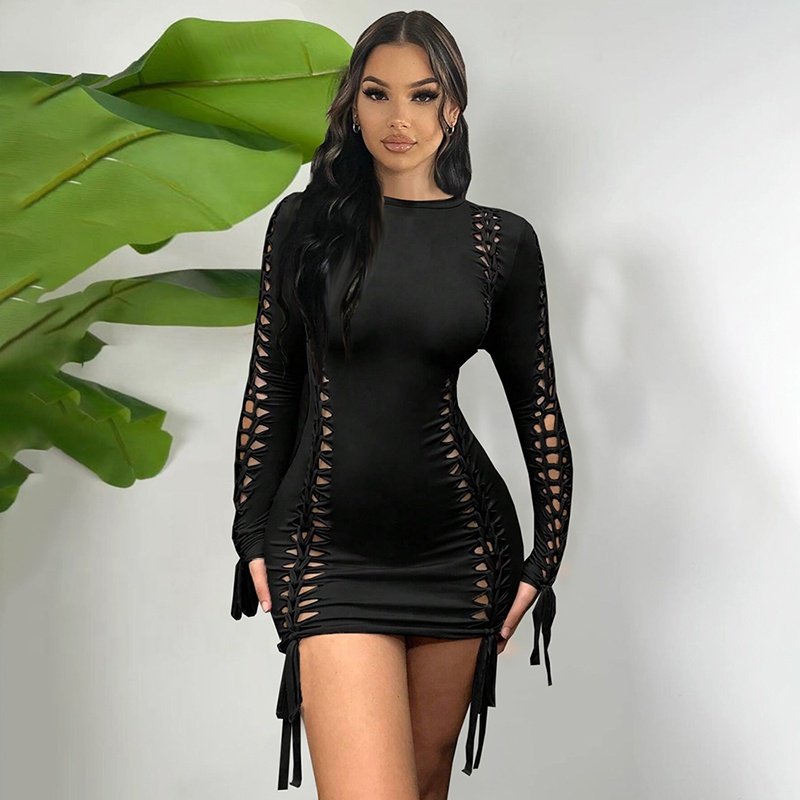 Bomblook D23DS375 Lace Up Outfits Sexy Party Club Mini Spring Dresses For Women Hollow Out Dress Bandage Dress Women