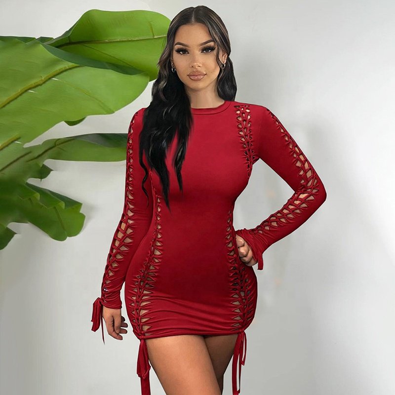Bomblook D23DS375 Lace Up Outfits Sexy Party Club Mini Spring Dresses For Women Hollow Out Dress Bandage Dress Women