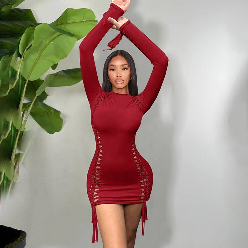 Bomblook D23DS375 Lace Up Outfits Sexy Party Club Mini Spring Dresses For Women Hollow Out Dress Bandage Dress Women