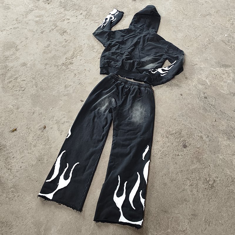 YYSY wholesale custom acid washed vintage tracksuit men streetwear distressed patch hoodie and sweatpants set for men