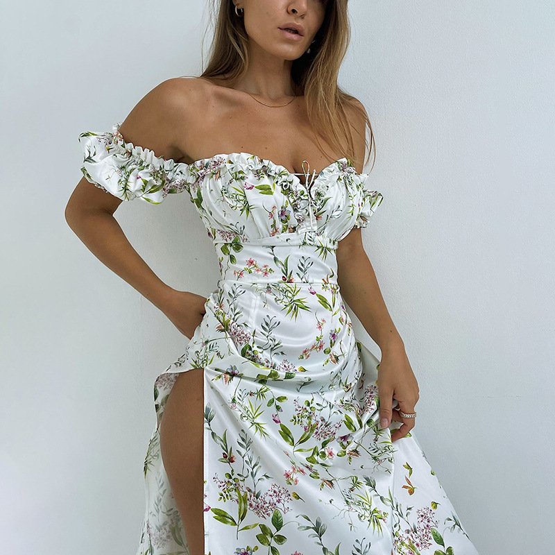 Flower Dress Chic Elastic Off Shoulder Top Tight Dresses Women 2023 New Summer Fashion Party Street Floral Youth Clothes 2428