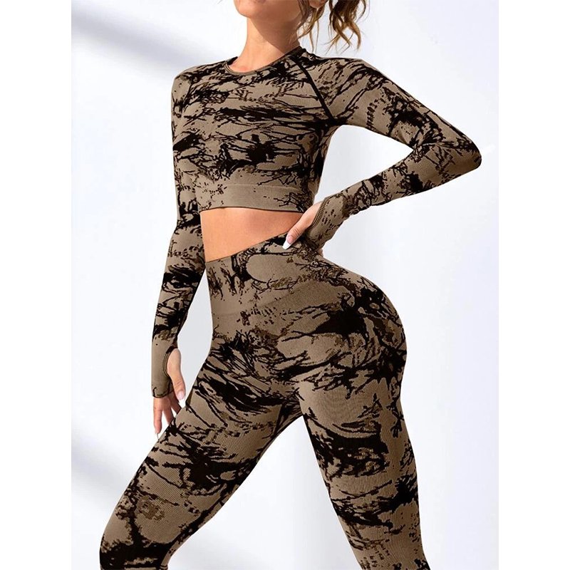 Hot Sale Tie Dye Workout Clothing Women Long Sleeves High Waist Peach Hip Butt Lifting Breathable 2 piece Yoga Set