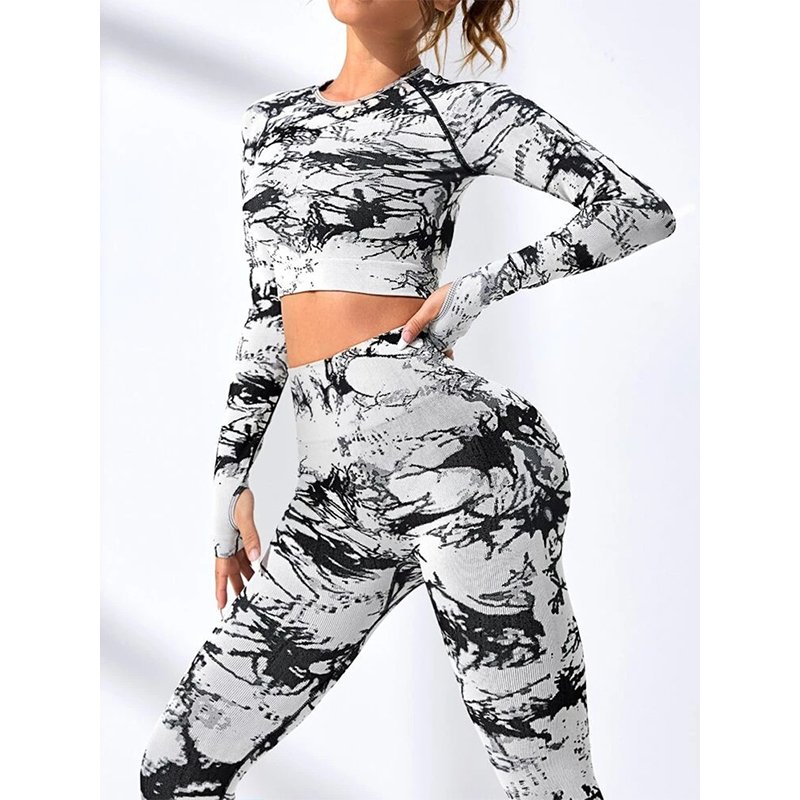 Hot Sale Tie Dye Workout Clothing Women Long Sleeves High Waist Peach Hip Butt Lifting Breathable 2 piece Yoga Set